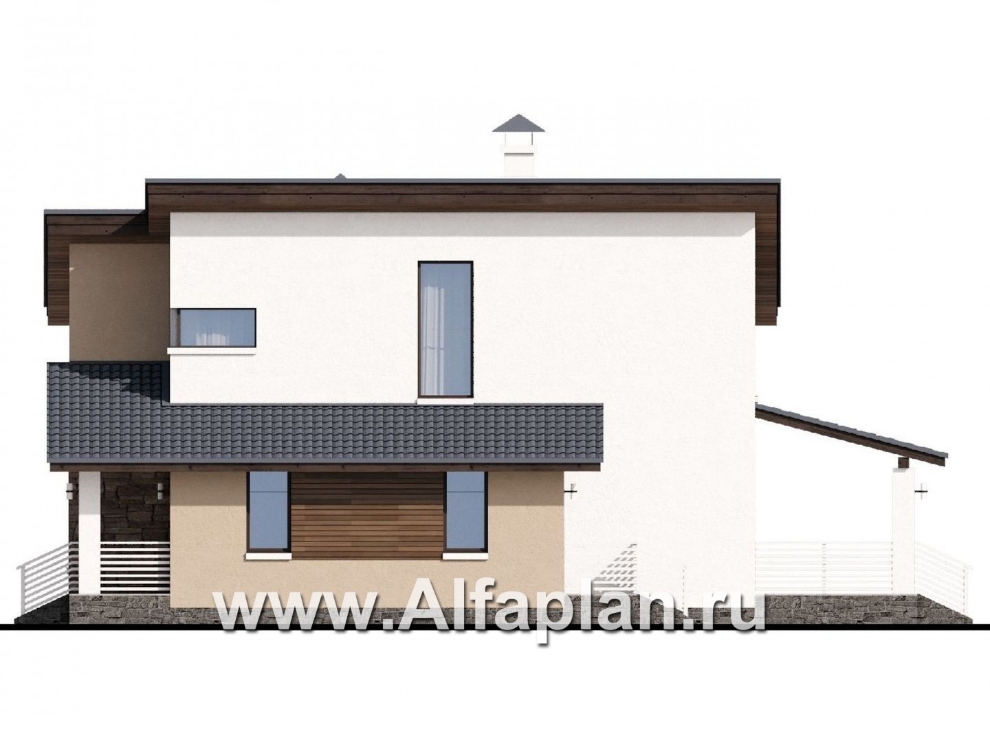 «Западный бриз» - проект двухэтажного дома, с террасой и сауной, с односкатной крышей в стиле хай-тек - фасад дома
