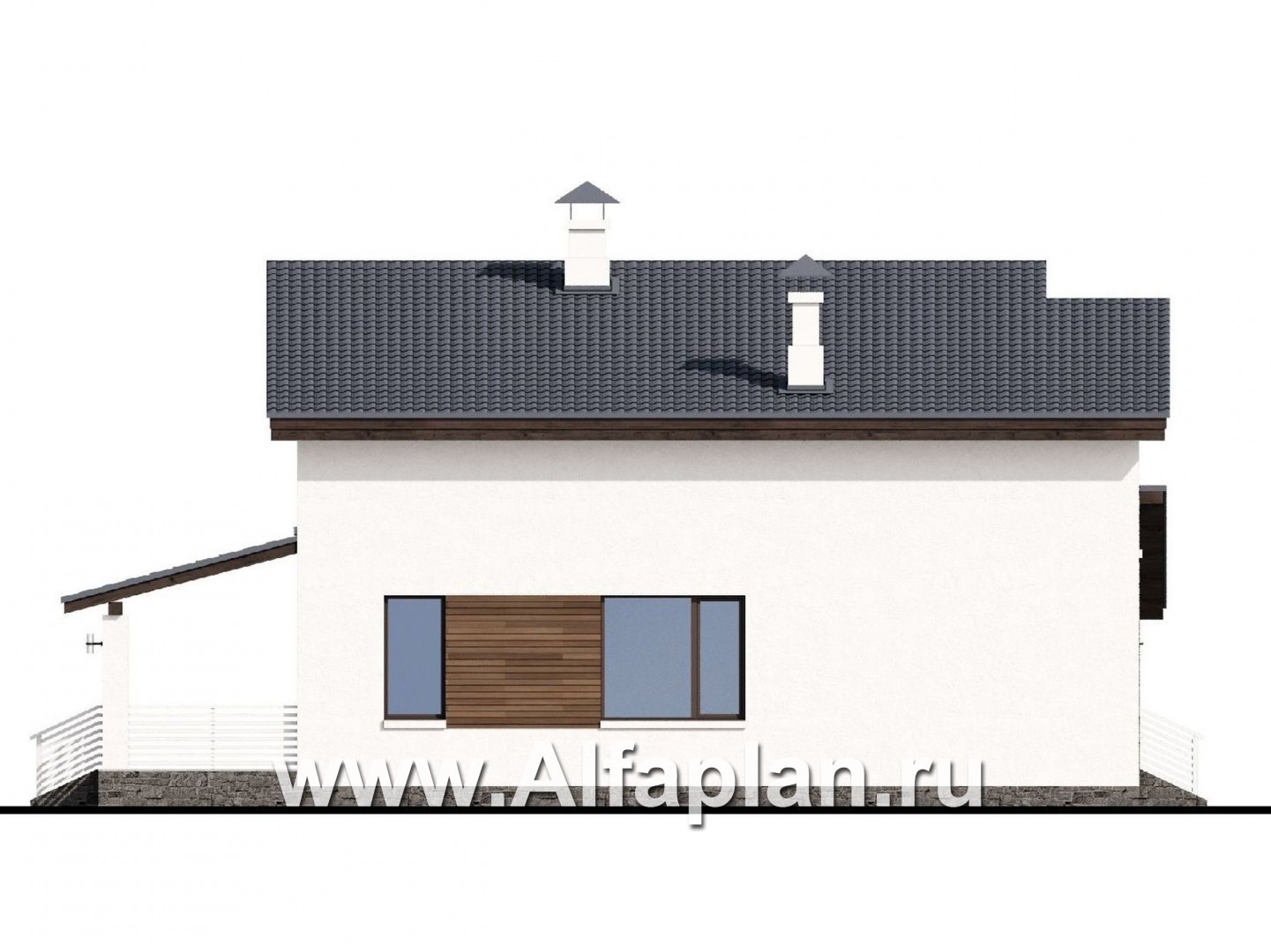 «Западный бриз» - проект двухэтажного дома, с террасой и сауной, с односкатной крышей в стиле хай-тек - фасад дома