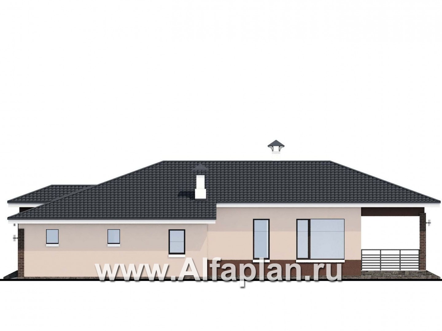 «Каллиопа» - проект одноэтажного дома, 3 спальни, с террасой и с гаражом, в современном стиле - фасад дома