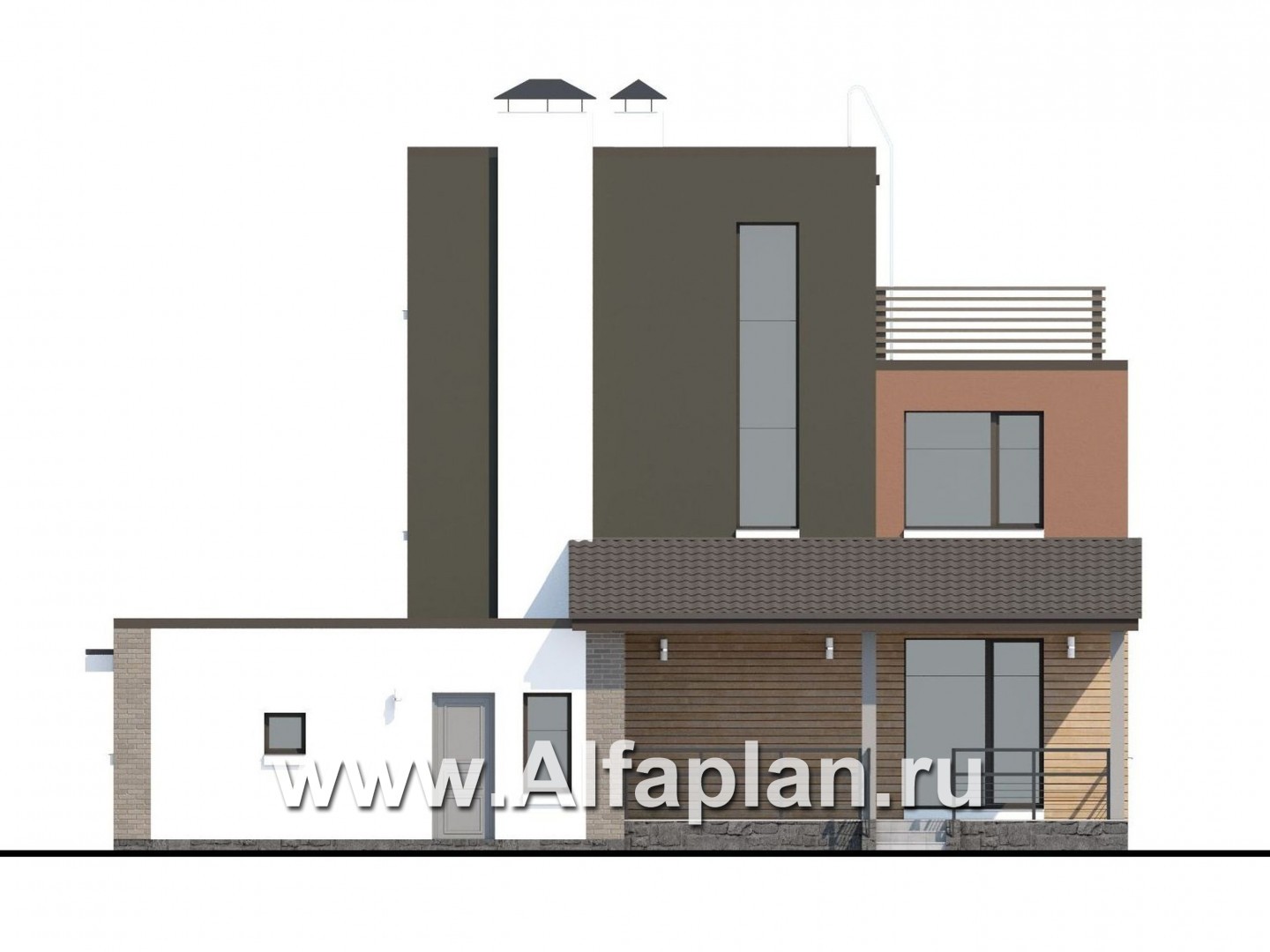 «Рефлекс» - проект двухэтажного дома с гаражом, с террасой, с эксплуатируемой кровлей - фасад дома
