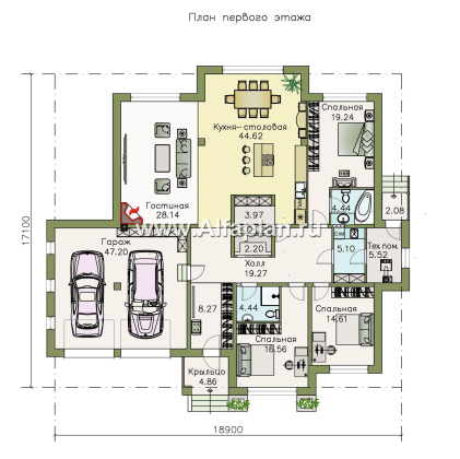 «Калипсо» - проект одноэтажного дома, планировка 3 спальни, с гаражом на 2 авто - превью план дома