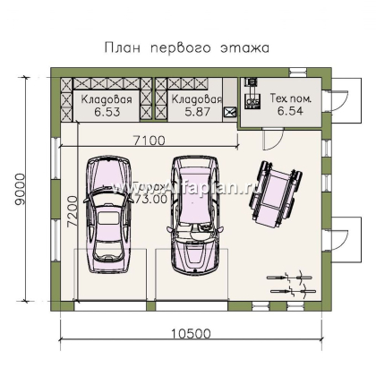 Проект гаража на 2 крупноразмерных автомобиля, планировка с котельной - превью план дома