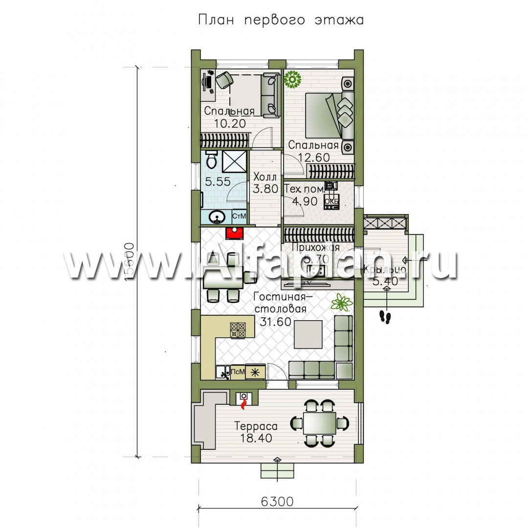 Проекты домов Альфаплан - «Тета» -  проект одноэтажного дома в стиле барн, с террасой, 2 спальни - изображение плана проекта №1