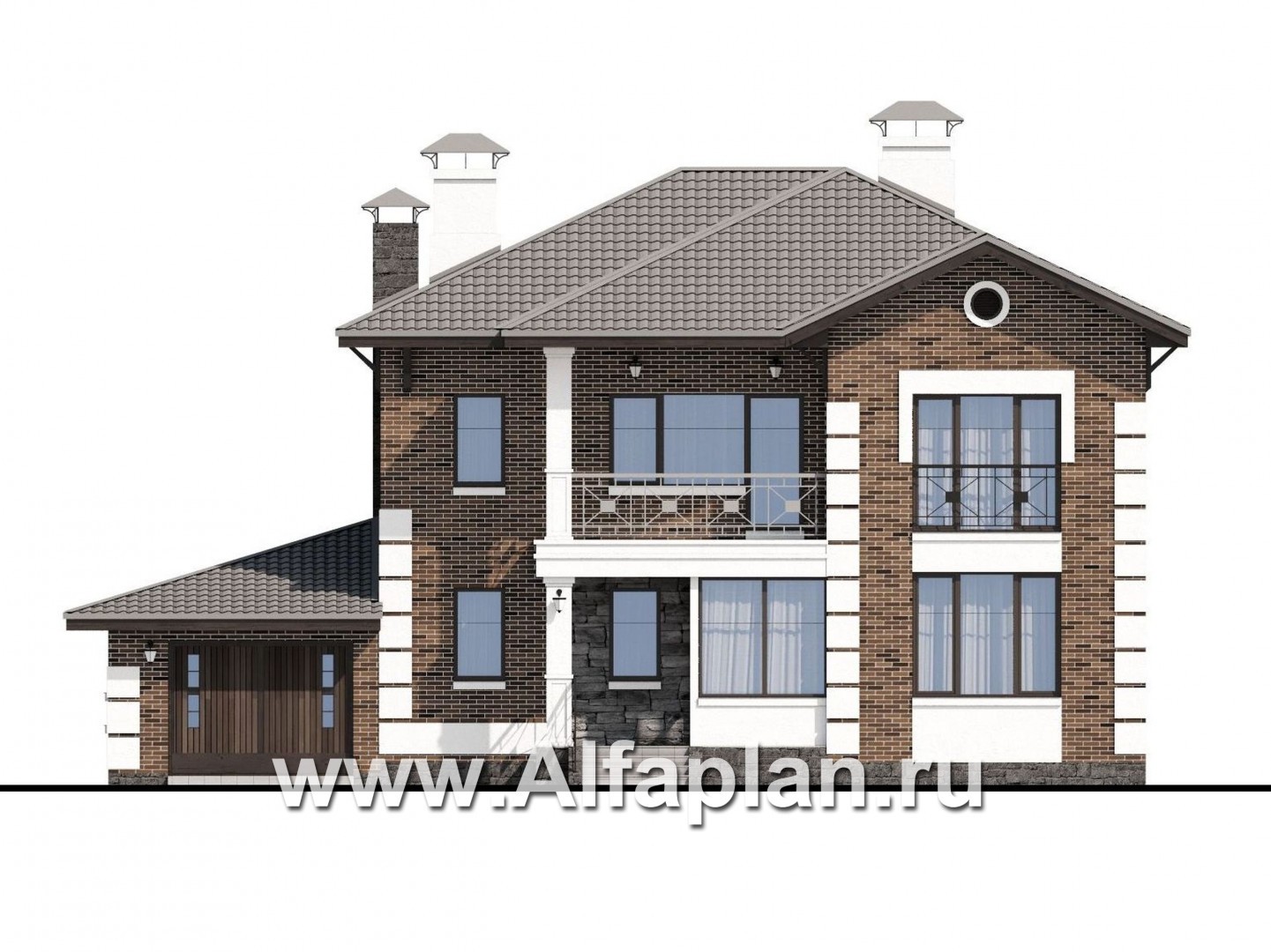 Проекты домов Альфаплан - «Седьмая высота» - проект двухэтажного дома, лестница в центре, с кабинетом и с сауной, с гаражом - изображение фасада №1