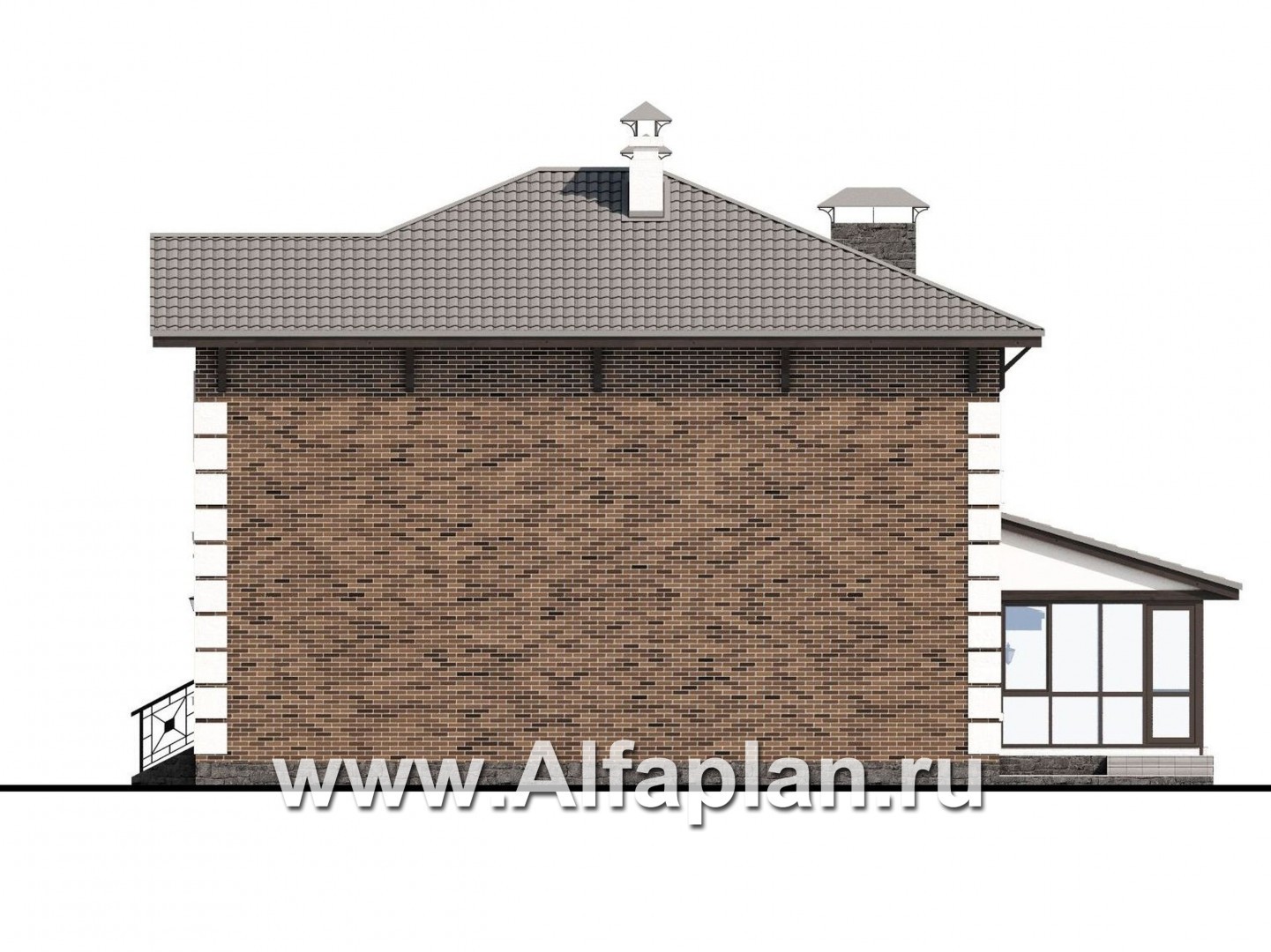 Проекты домов Альфаплан - «Седьмая высота» - проект двухэтажного дома, лестница в центре, с кабинетом и с сауной, с гаражом - изображение фасада №2