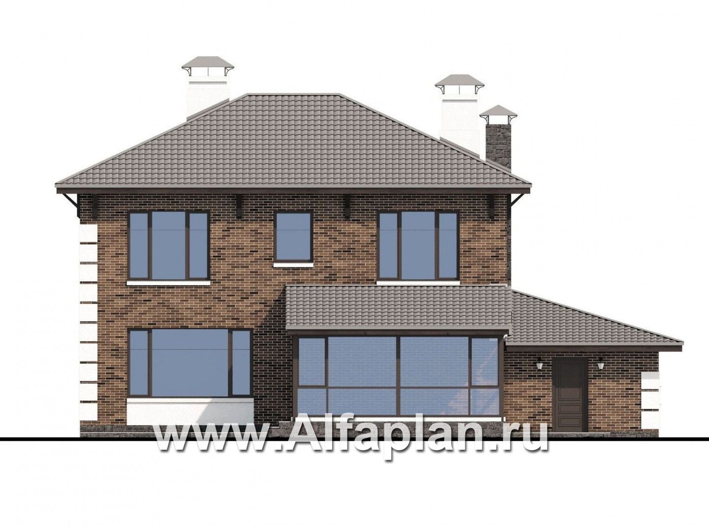 Проекты домов Альфаплан - «Седьмая высота» - проект двухэтажного дома, лестница в центре, с кабинетом и с сауной, с гаражом - изображение фасада №4