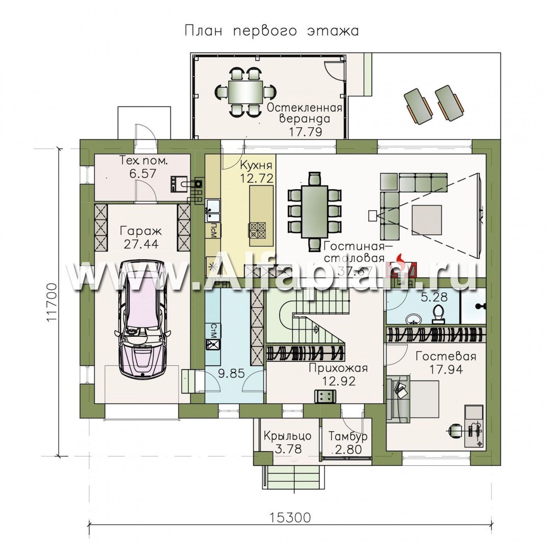 Проекты домов Альфаплан - «Седьмая высота» - проект двухэтажного дома, лестница в центре, с кабинетом и с сауной, с гаражом - изображение плана проекта №1