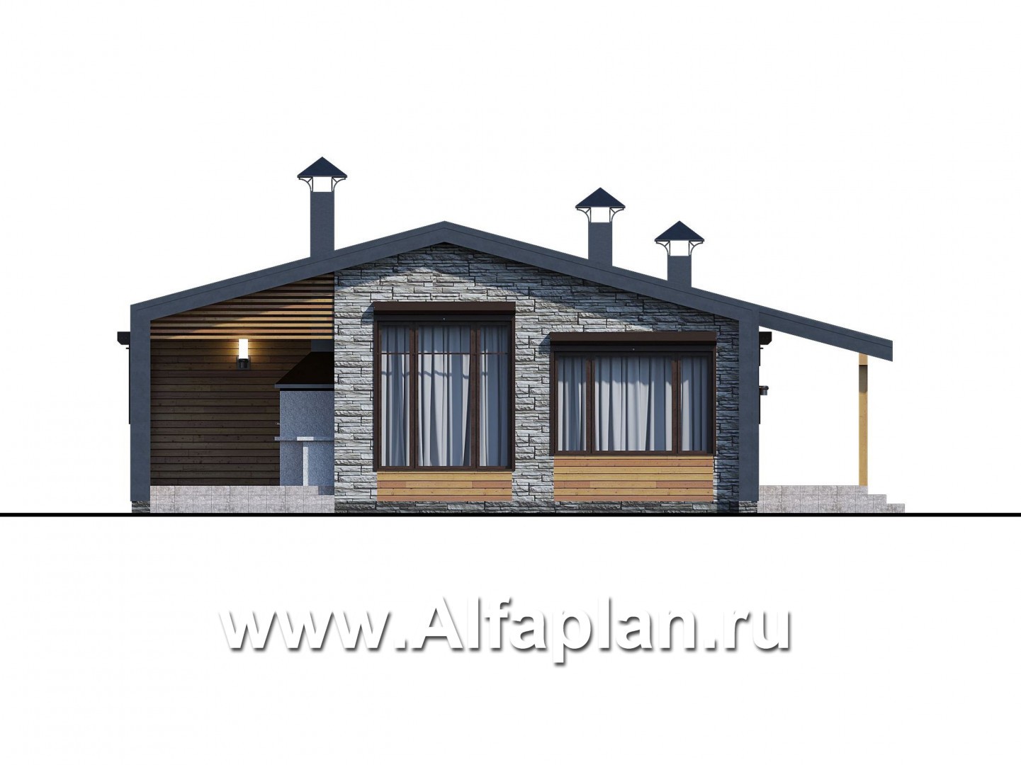 Проекты домов Альфаплан - «Йота» -  проект одноэтажного домав стиле барн, с сауной, с террасой сбоку, 2 спальни - изображение фасада №1