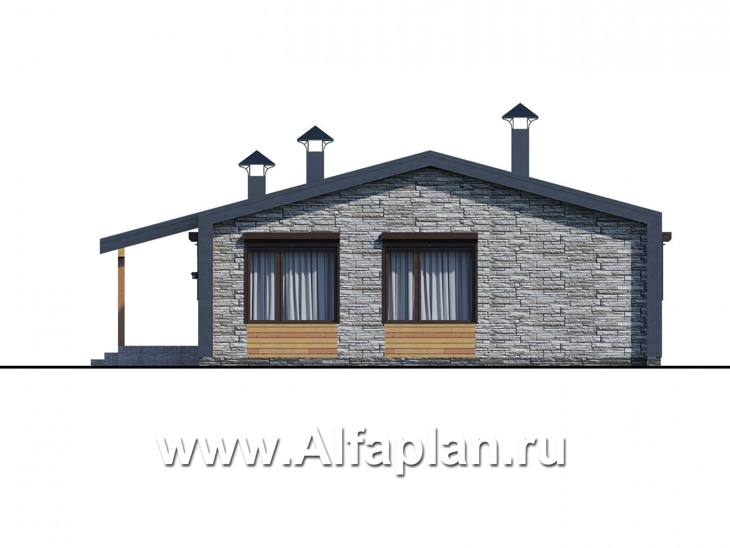 Проекты домов Альфаплан - «Йота» -  проект одноэтажного домав стиле барн, с сауной, с террасой сбоку, 2 спальни - изображение фасада №4