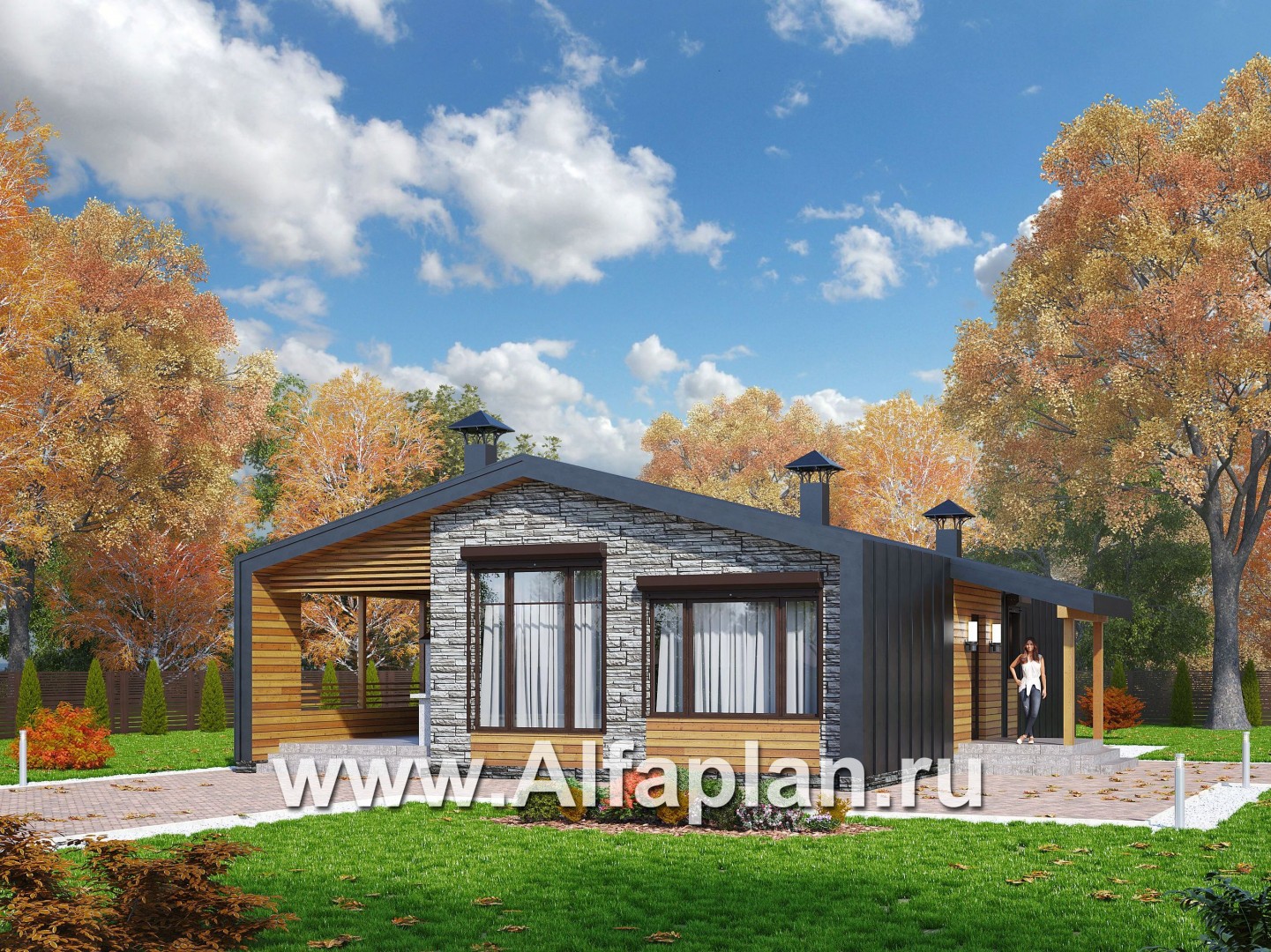 Проекты домов Альфаплан - «Йота» -  проект одноэтажного домав стиле барн, с сауной, с террасой сбоку, 2 спальни - основное изображение