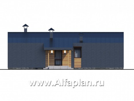 Проекты домов Альфаплан - «Йота» -  проект одноэтажного домав стиле барн, с сауной, с террасой сбоку, 2 спальни - превью фасада №2