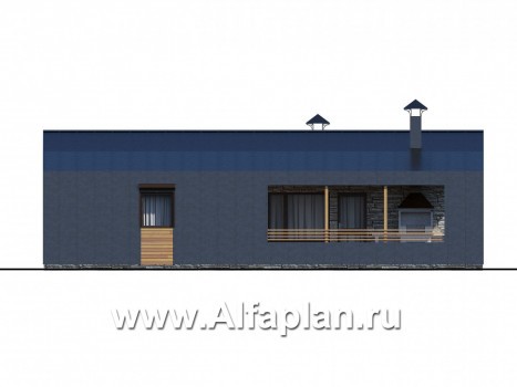 Проекты домов Альфаплан - «Йота» -  проект одноэтажного домав стиле барн, с сауной, с террасой сбоку, 2 спальни - превью фасада №3