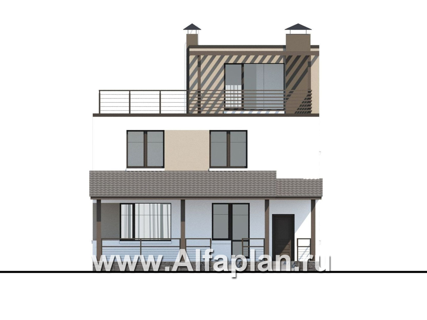 «Приоритет» - проект двухэтажного дома из газобетона, с открытой планировкой,  с эксплуатируемой крышей, в стиле хай-тек - фасад дома