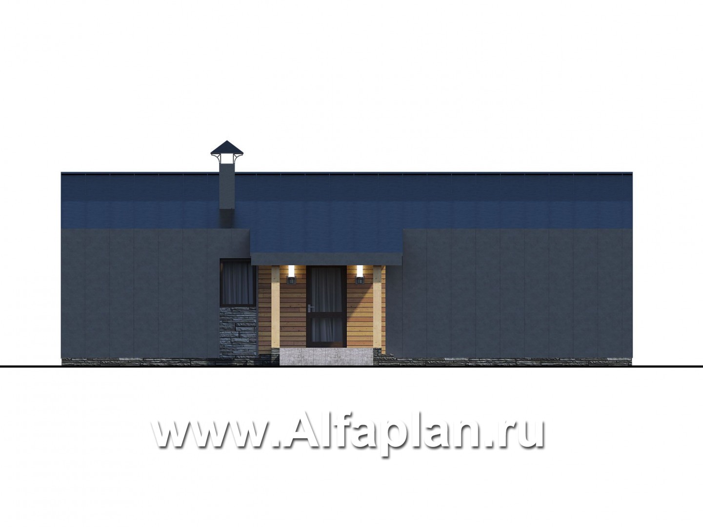Проекты домов Альфаплан - «Каппа» -  проект одноэтажного дома, с террасой, в стиле барн, 2 спальни - изображение фасада №2
