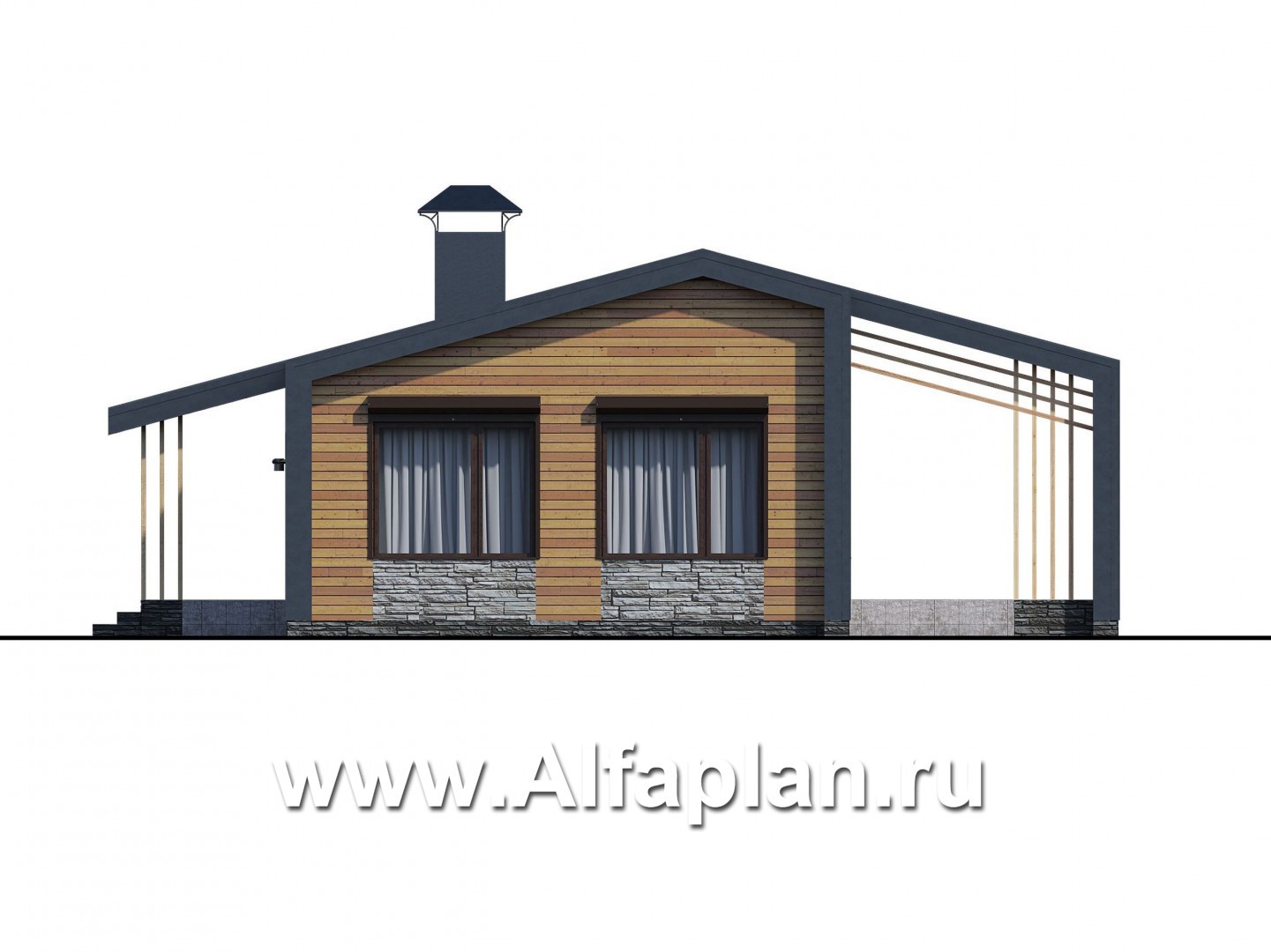 Проекты домов Альфаплан - «Каппа» -  проект одноэтажного дома, с террасой, в стиле барн, 2 спальни - изображение фасада №4