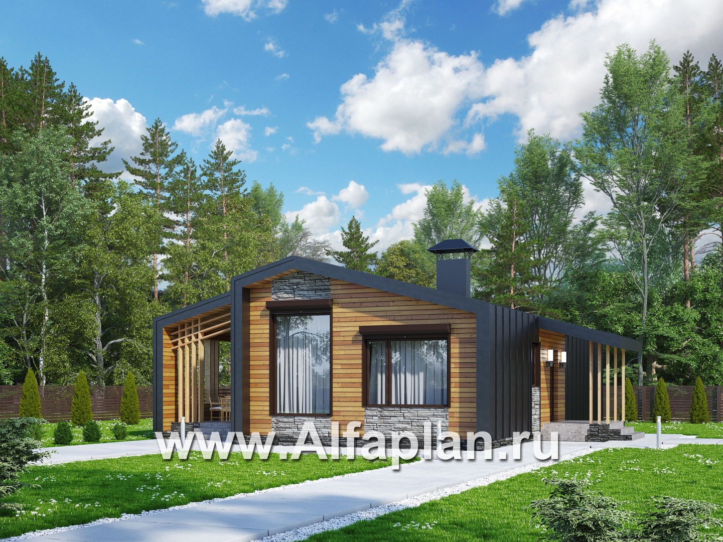 Проекты домов Альфаплан - «Каппа» -  проект одноэтажного дома, с террасой, в стиле барн, 2 спальни - основное изображение