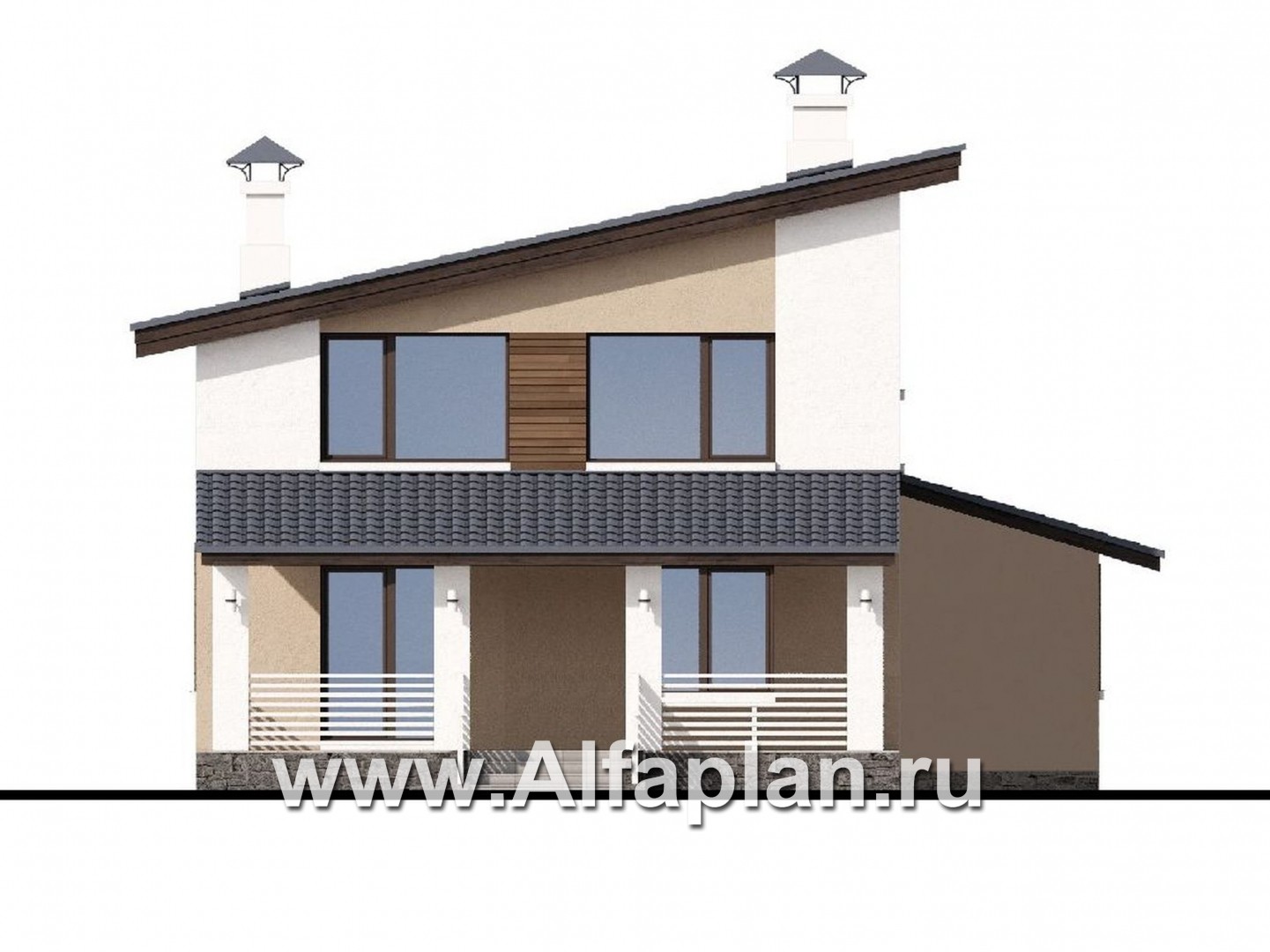 «Западный бриз» - проект двухэтажного дома, планировка с кабинетом на 1 эт, с террасой и сауной, с односкатной крышей в стиле хай-тек - фасад дома