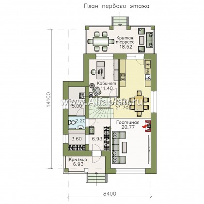 «Западный бриз» - проект двухэтажного дома, планировка с кабинетом на 1 эт, с террасой и сауной, с односкатной крышей в стиле хай-тек - превью план дома